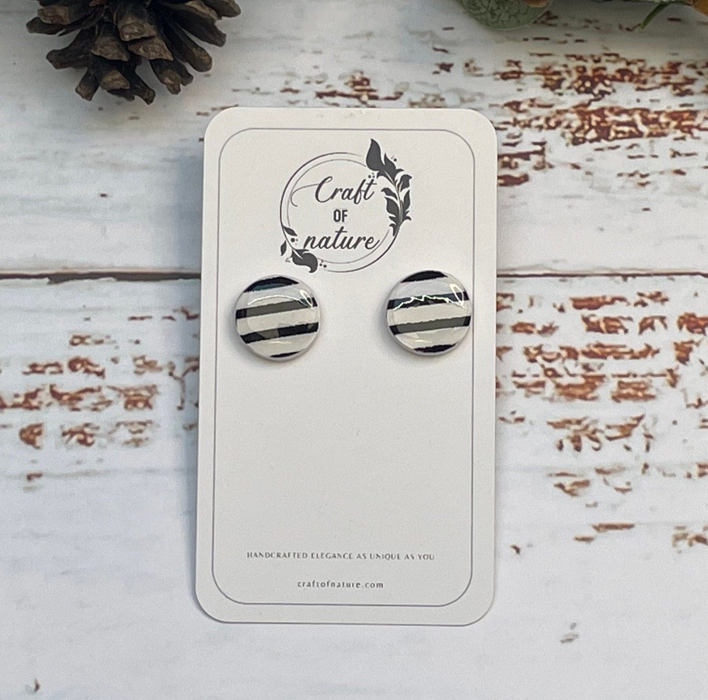 Round Stud Earrings Black And White Strips