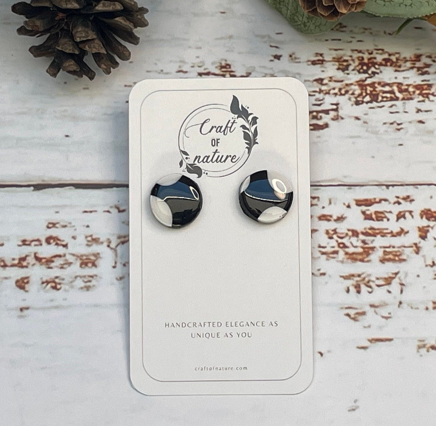 Round Stud Earrings Black And White Polka Dot