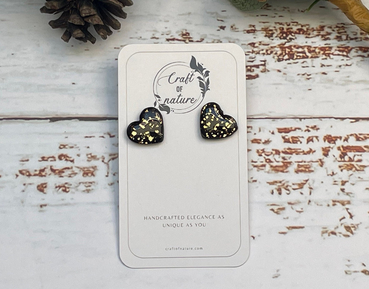 Heart Stud Earrings Black And Gold Leaf