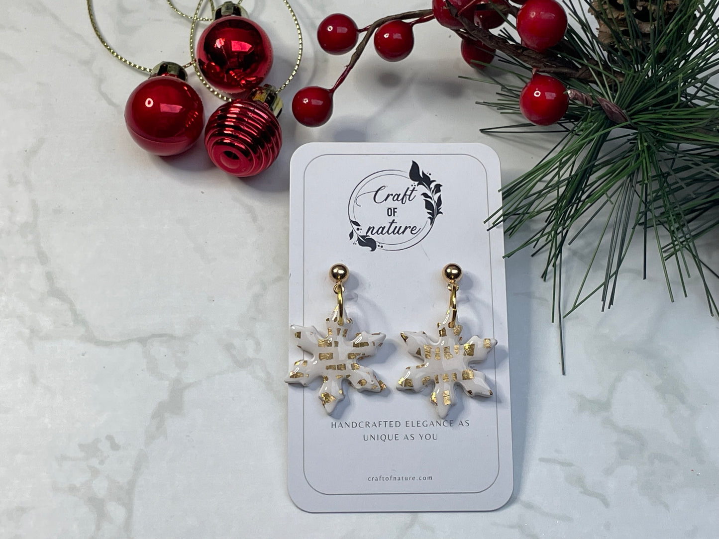 Festive Gold Leaf Snowflake Single Drop Earrings