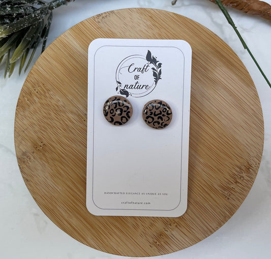 Round Stud Earrings Latte Leopard Print