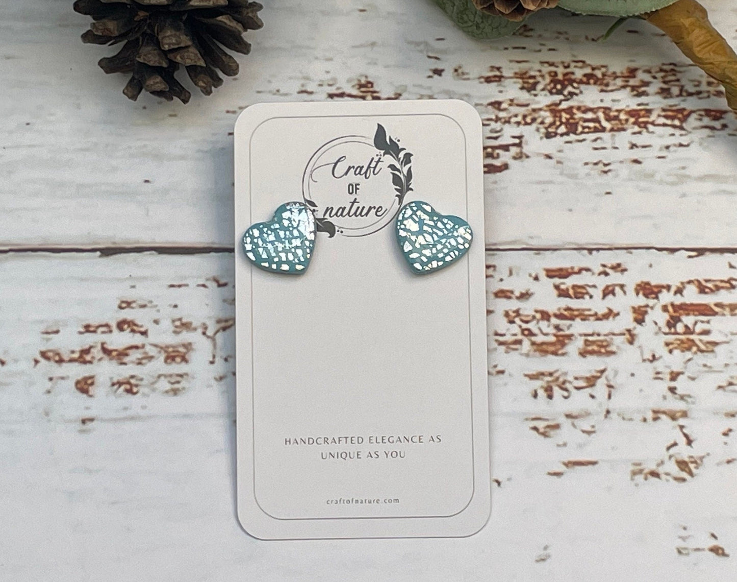 Heart Stud Earrings Silver Leaf Blue