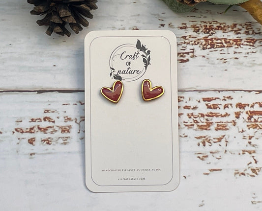 Heart Stud Earrings Red Brass Heart